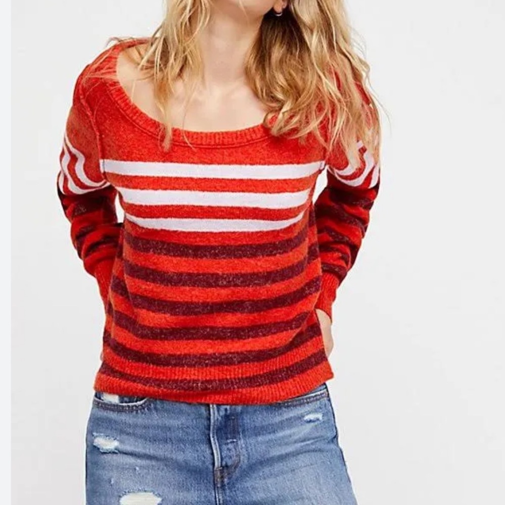 Free People Complete Me Striped Pullover Sweater Orange Alpaca Blend-Large